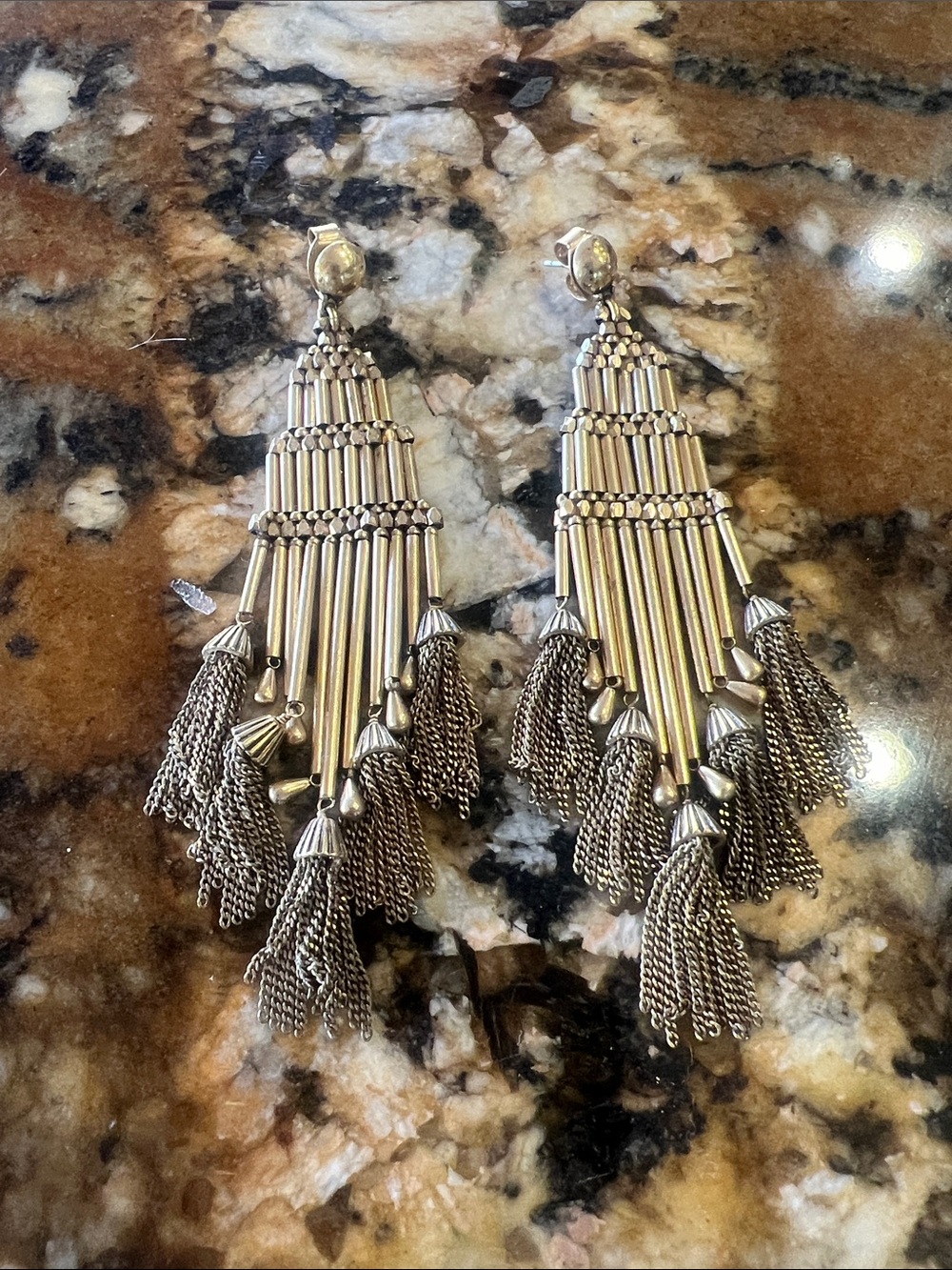 Vintage J.Crew Elegant Tassel Fringe Drop Earrings - Gold Metal Beads